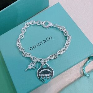 Tiffany & Co. Sterling Silver Heart Tag Charm Bracelet - Turquoise Box